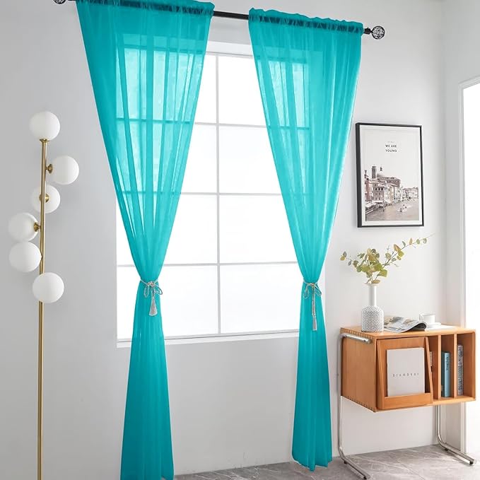 SpaceDresser Sheer Voile Window Treatment Rod Pocket Curtain Panels for Kitchen Bedroom Living Room Drapes Sunlight Filtering Privacy Semi Home Decor Assorted (Peacock Blue, 52 W x 108 L)