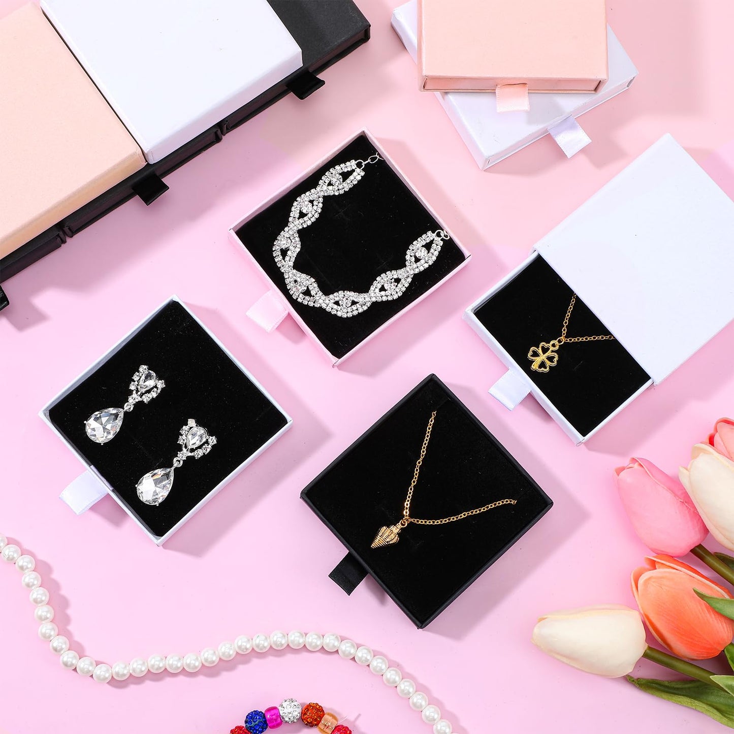mekueeex 24 Pack Jewelry Gift Boxes Cardboard Jewelry Boxes 3.1 x 3.1 x 0.7 Inch Pull out Design Bulk Small Black Gift Box with Lids for Necklace Ring Bracelets Earring Display Box