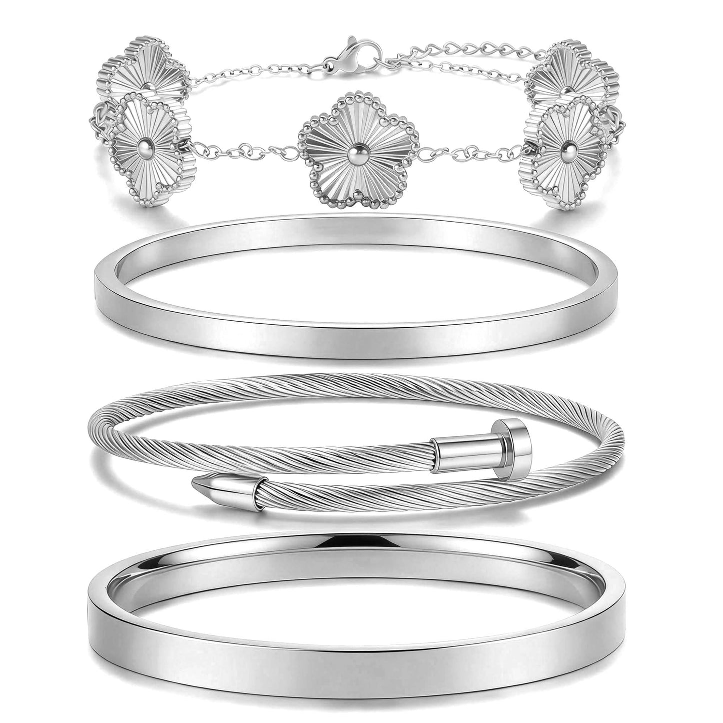 ISELBDR 18K Gold Bracelets for Women - Stackable Clover & Nail Love Bangle Set - Non-Tarnish Jewelry for Birthday Valentine's, Mother's Day & Christmas (Silver-A)