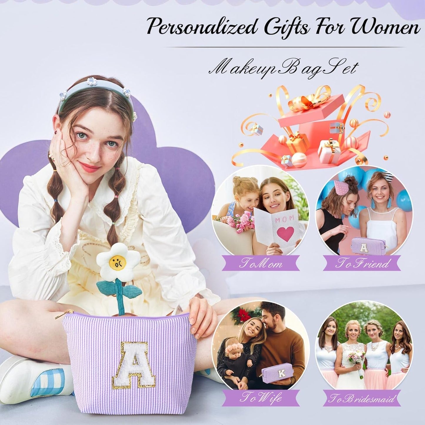 YOOLIFE Personalized Cute Purple Initial Cosmetic Makeup Pouch - Make Up Toiletry Bag for Her Mom Teacher Friend Girlfriend Wife Birthday Gifts