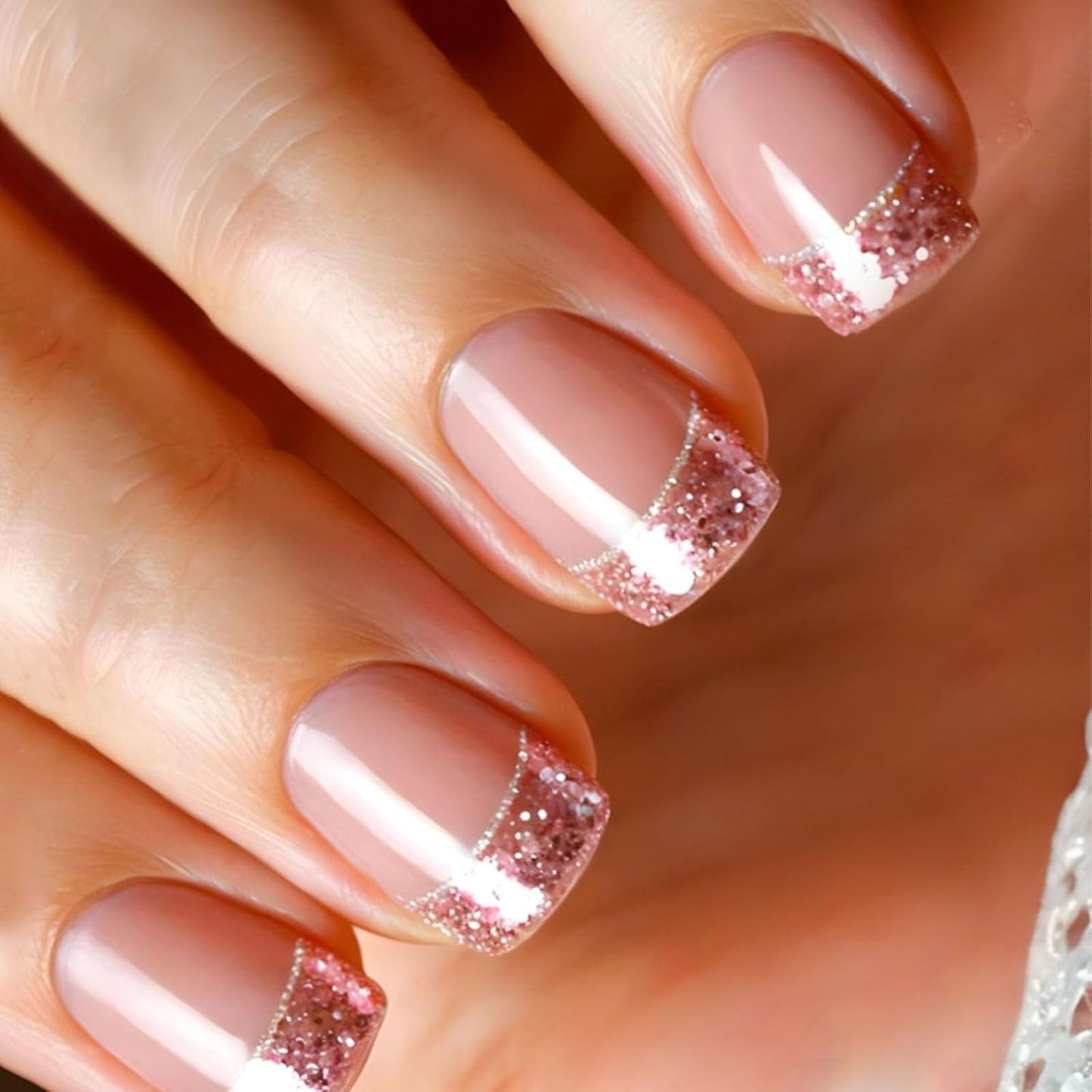 French Tip Press on Nails Short Square Fake Nails with Glitter Designs Nails Press ons Nude Glue on Nails Glossy Acrylic Nails Simple False Nails Cute Stick on Nails for Women 24Pcs
