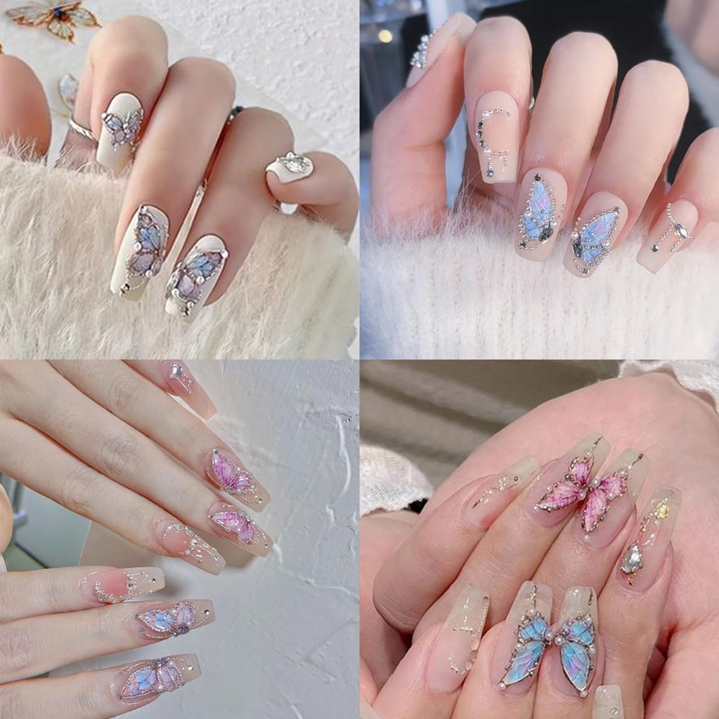 2 Sheets Butterfly Nail Art Stickers 5D Embossed Pink Butterfly Nail Decals Glitter Aurora Butterfly Nail Pattern Self-Adhesive Nail Art Stickers DIY Nail Decoration