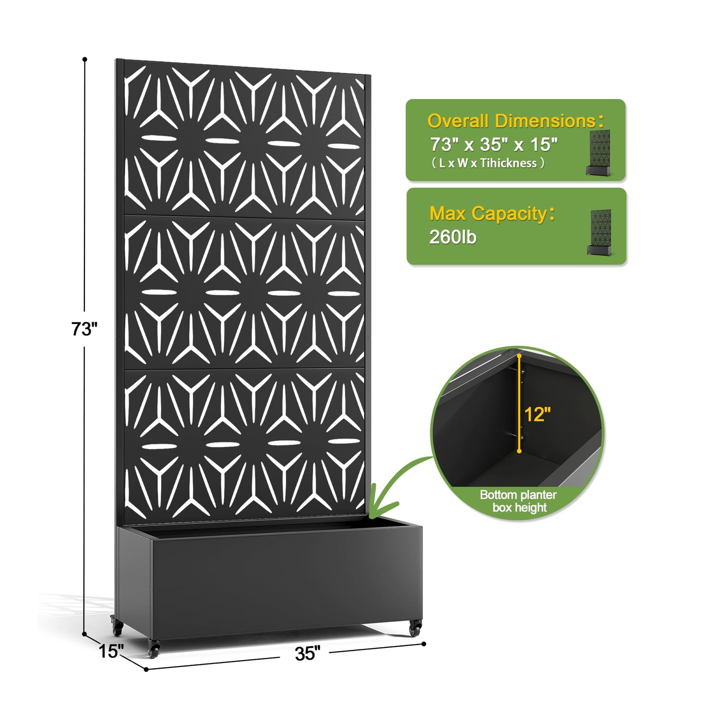 FENCY Metal Raised Garden Bed with Wheels and Trellis,73"x35"x16" Planter Box for Climbing Plants, Vegetables & Vines, Features Privacy Screen and Drainage Holes (Black-Star)