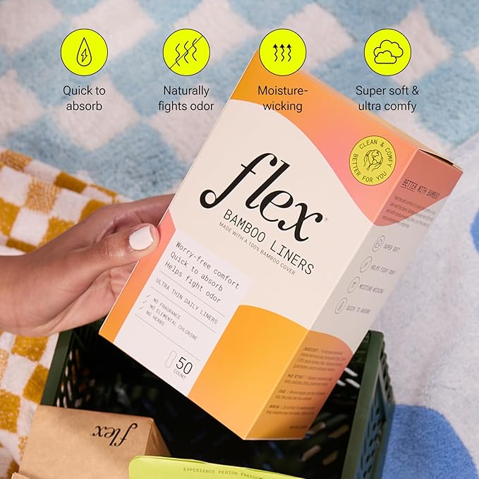 Flex Bamboo Panty Liners | Ultra Thin Daily Pantyliners | Comfortable Fragrance-Free Feminine Care Liners | 100% Bamboo | 7.08” Long, 10mL Absorbency | Helps Fight Odor | (2-Pack, 100 Liners Total)