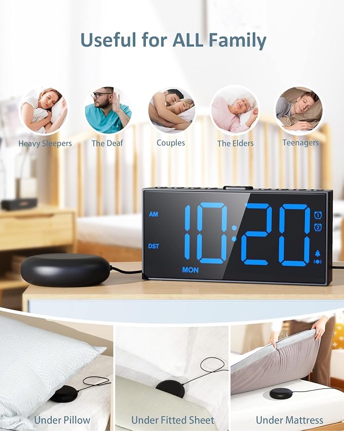 Vibrating Alarm Clock with Bed Shaker for Heavy Sleepers, Weekday/Weekend