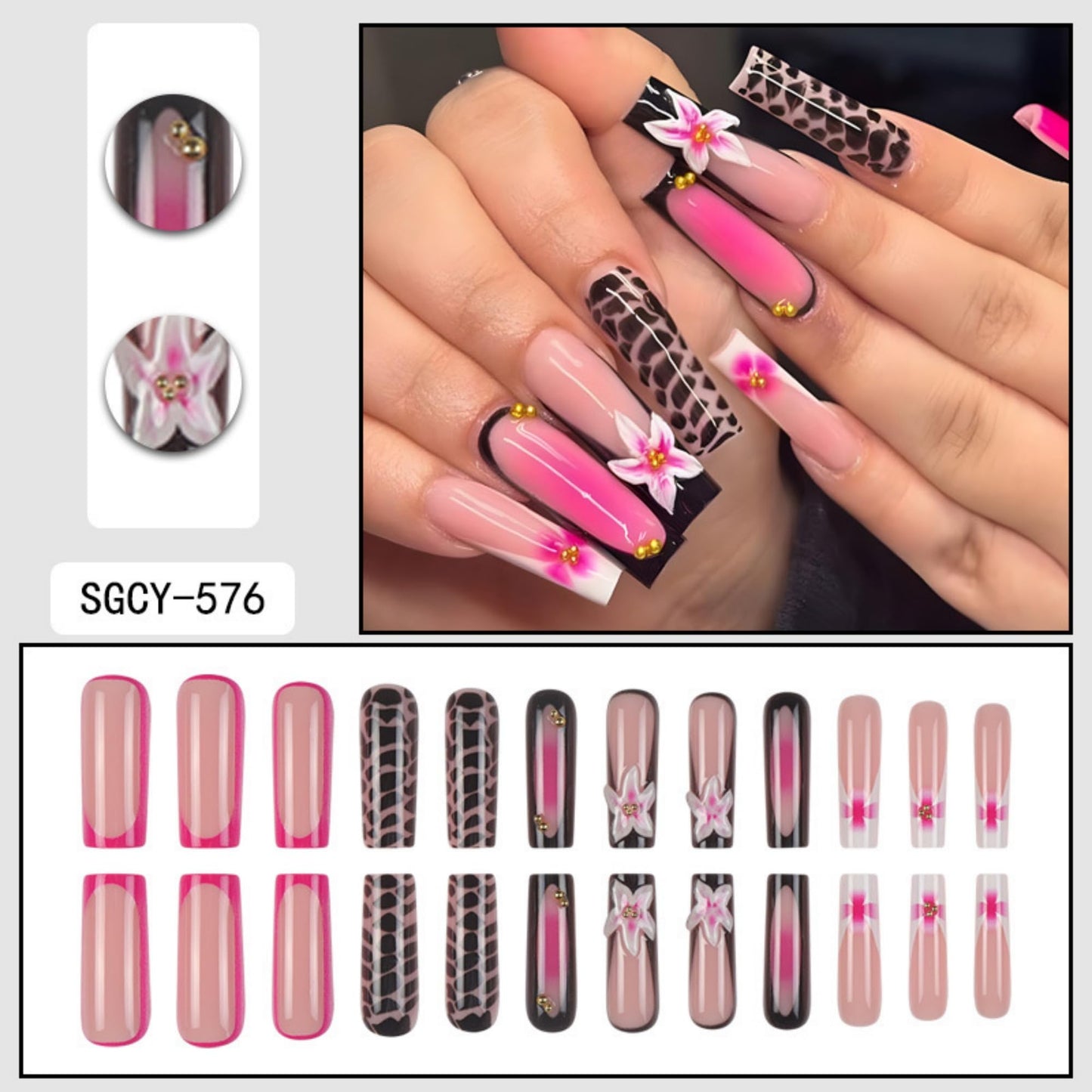 Press on Nails Pink Long Square with Flowers Stick on Nail 24pcs