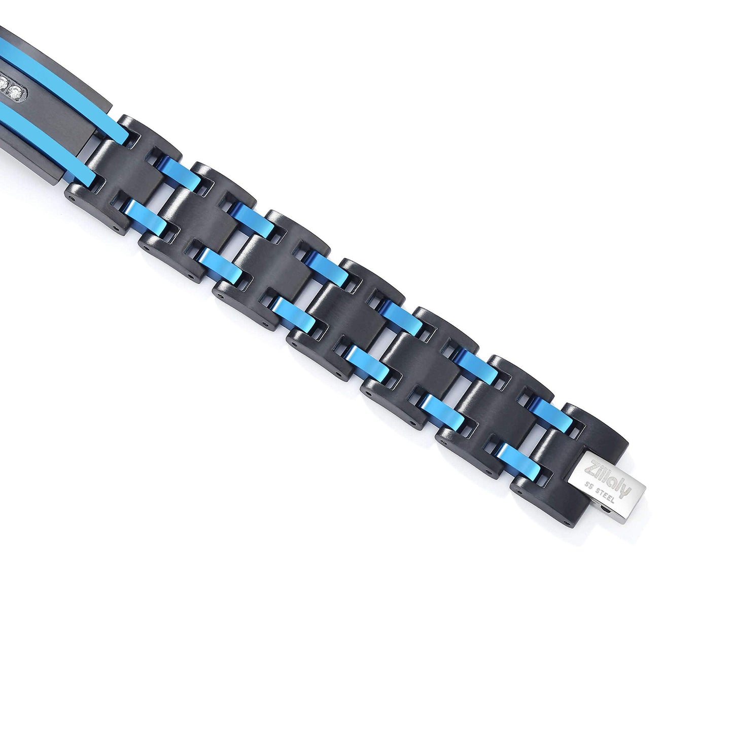 Zillaly Men's Stainless Steel Two-Tone Square Link diamond Bracelet in Black & Blue Ion-Plated Black (Black & Blue & Diamond)
