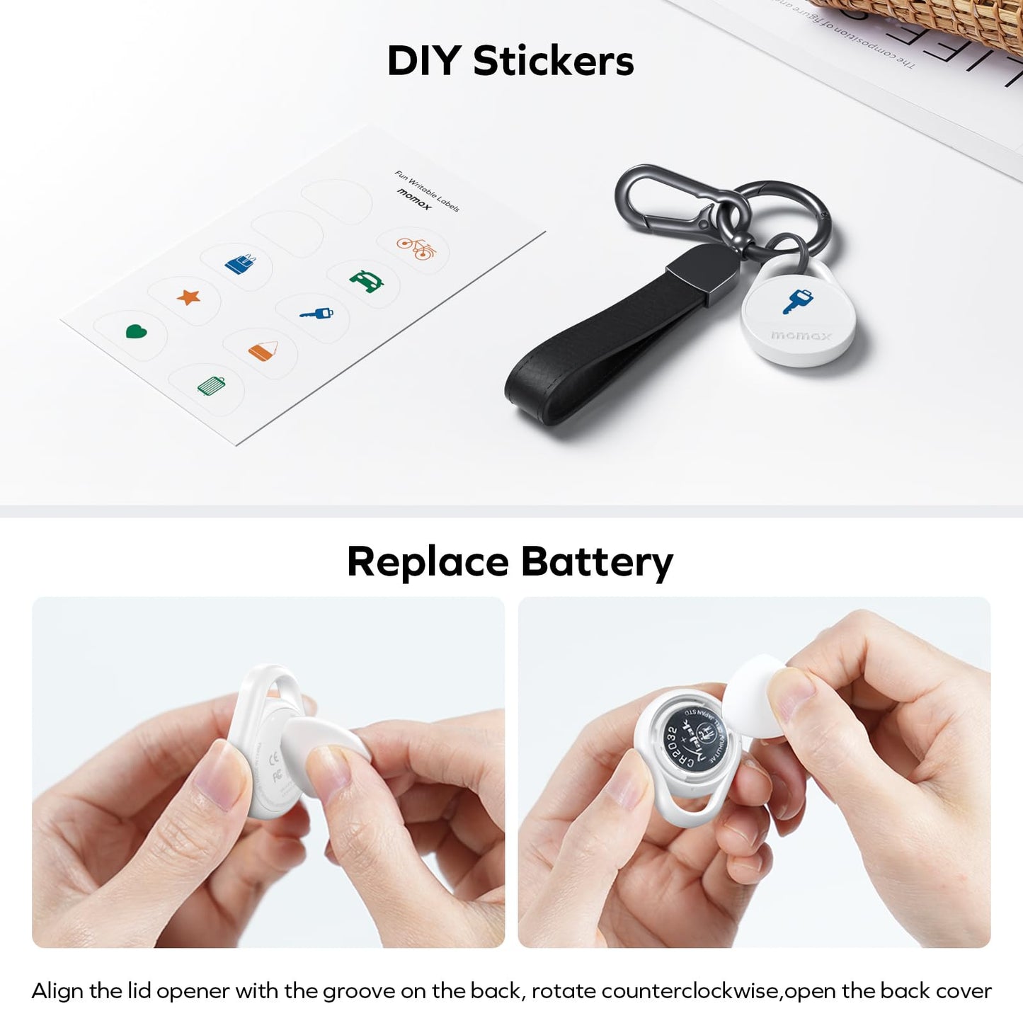 Momax Key Finder Tracker Tag - [Apple MFi Certified] Smart Bluetooth Tracking Device with Find My (iOS Only), Replaceable Battery, DIY Stickers, for Wallets, Luggage, Suitcases, Backpacks, 2 Pack
