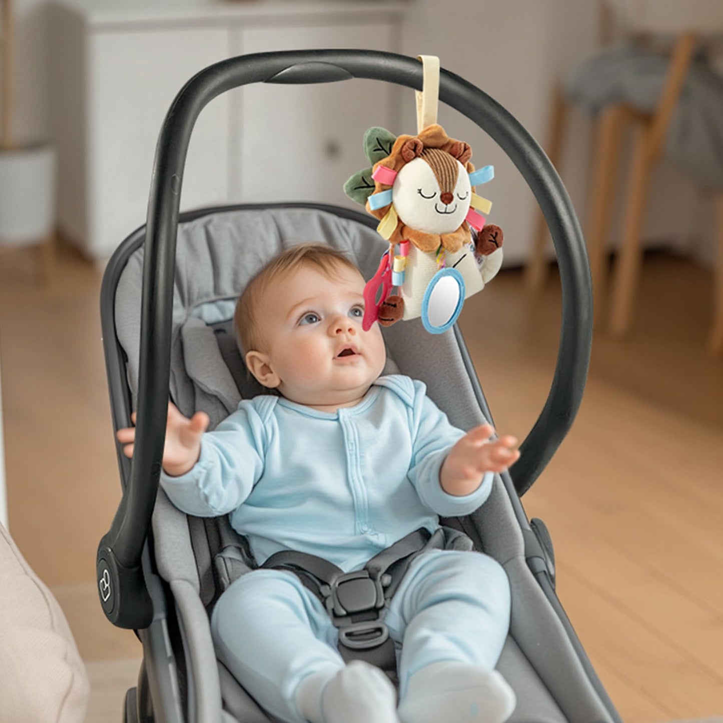 TYRY.HU Car Seat & Stroller Activity Toy,Soft Plush Cot Hanging Toy, Baby Rattle Toy with Strap,Developmental Sensory Toy-Textured Ribbons&Teether&Mirror&Crinkle Sounds for Infants 0 3 6 12 Months