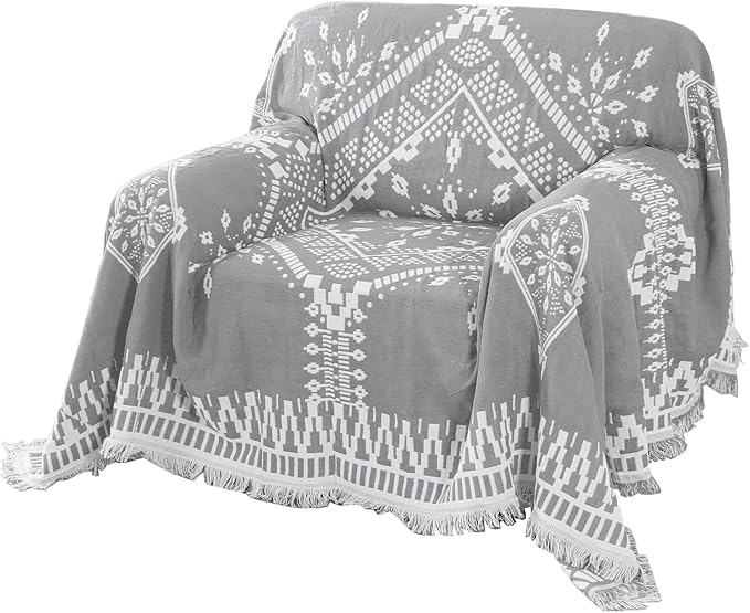 H.VERSAILTEX Reversible Sofa Cover Couch Cover for Dog Sofa Slipcover for Most Shape Sofa Furniture Protector with Tassels Sectional Couch Cover (Medium: 71" x 91", Dove Grey/White)