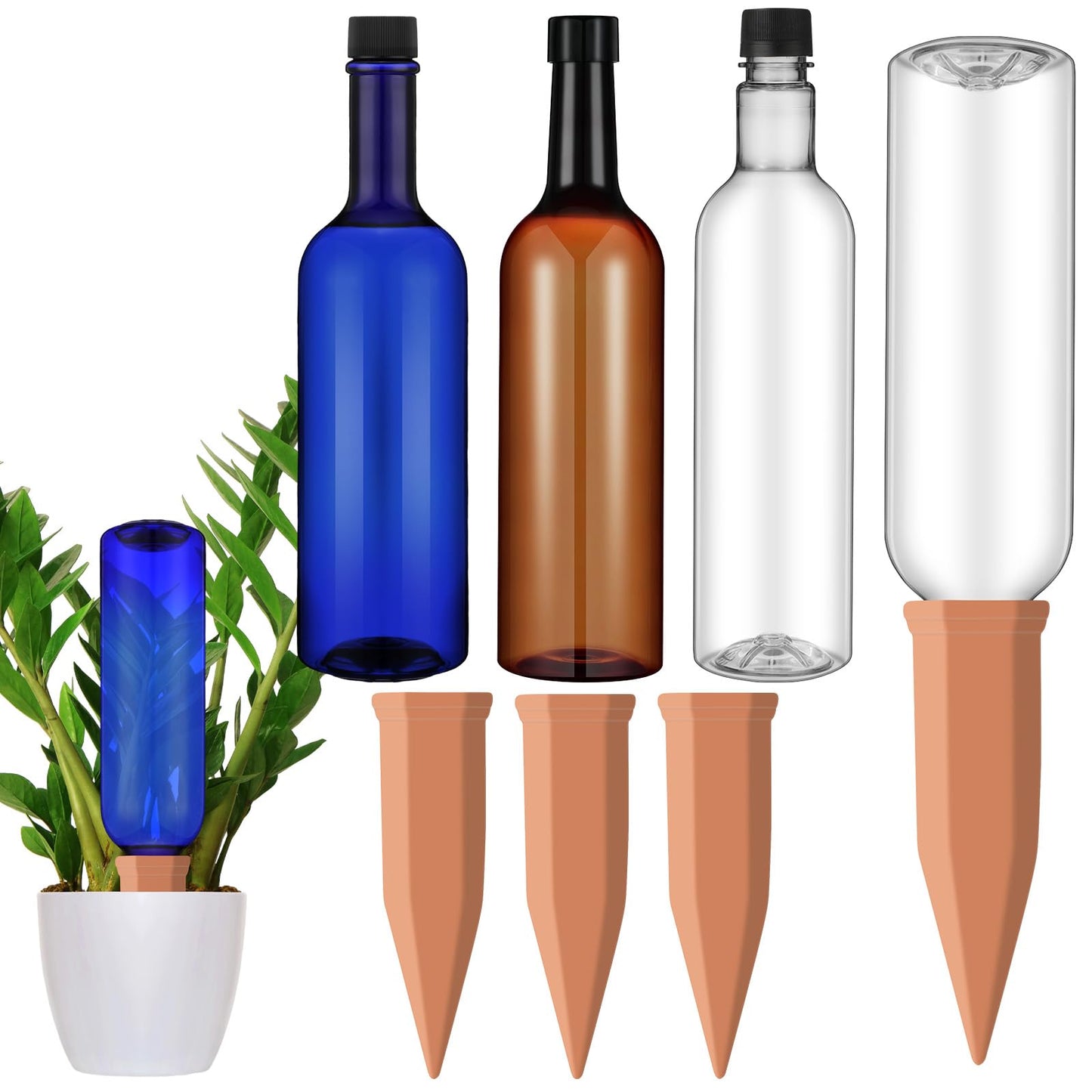 SiliFine 3 Sets Plant Watering Devices Include Terracotta Self Watering Spikes and 26 oz Plastic Bottles, Slow Release Vacation Insert Automatic Plant Waterer Device (Blue Clear Brown and Terracotta)