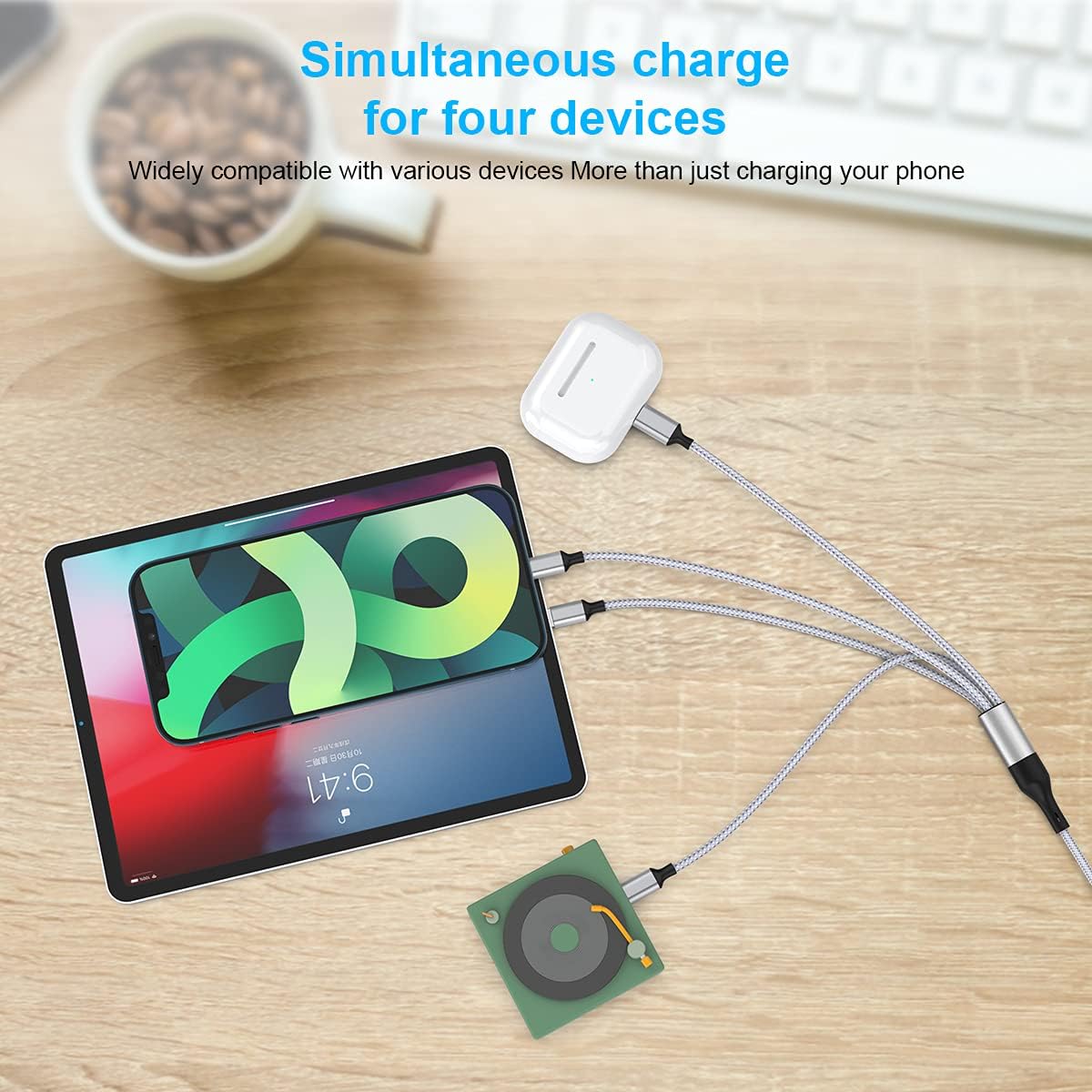 iPhone Charging Cable 1.8M/6Ft Multi 4 in 1 USB Universal Fast Charging Cord Multi Charging Cable Lightningx2+Type C+Micro USB Port Connectors Adapter for Android/Apple/iOS/Samsung/LG/Huawei/XiaoMi