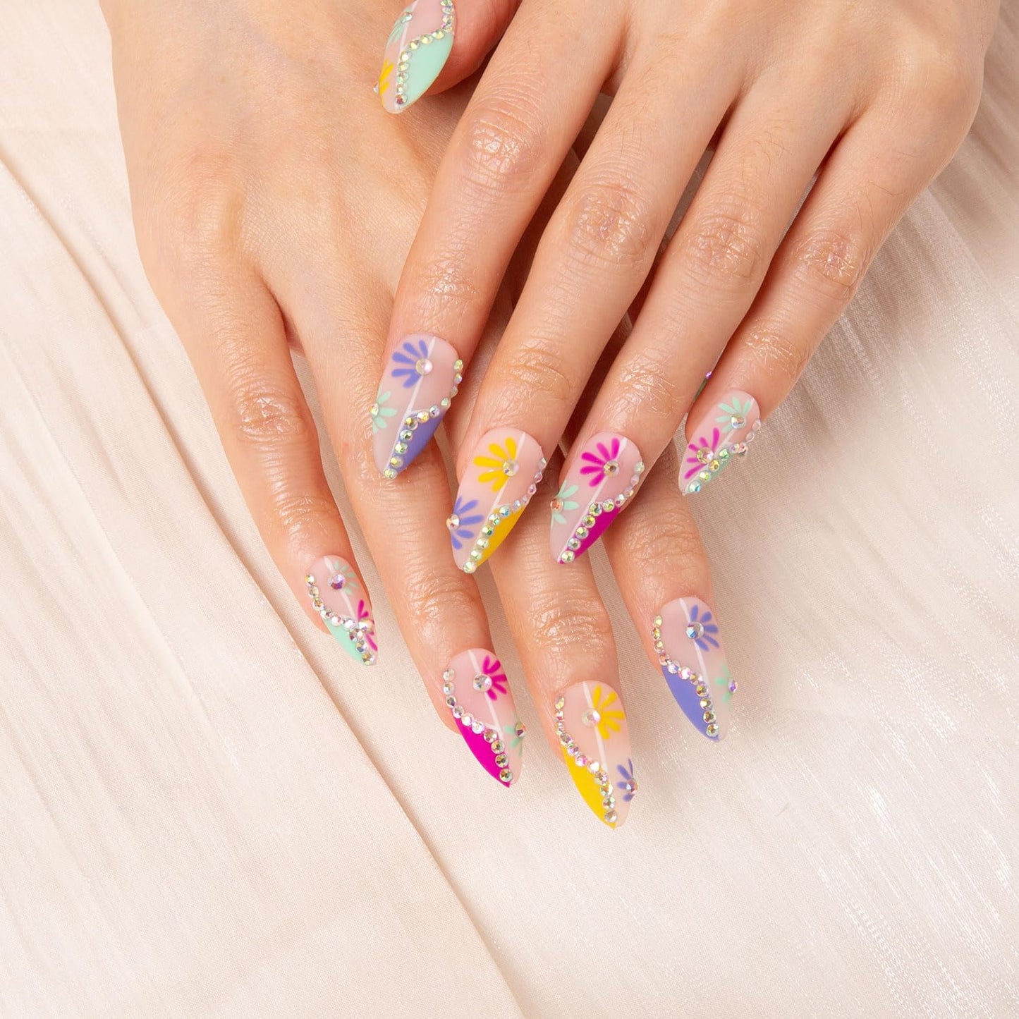 LOVFUL Press on Nails Wild Blooming French Tip | Handmade with Full Covered Crystals | Reusable Fake Nails | Almond Regular 1.0 in | H156-S