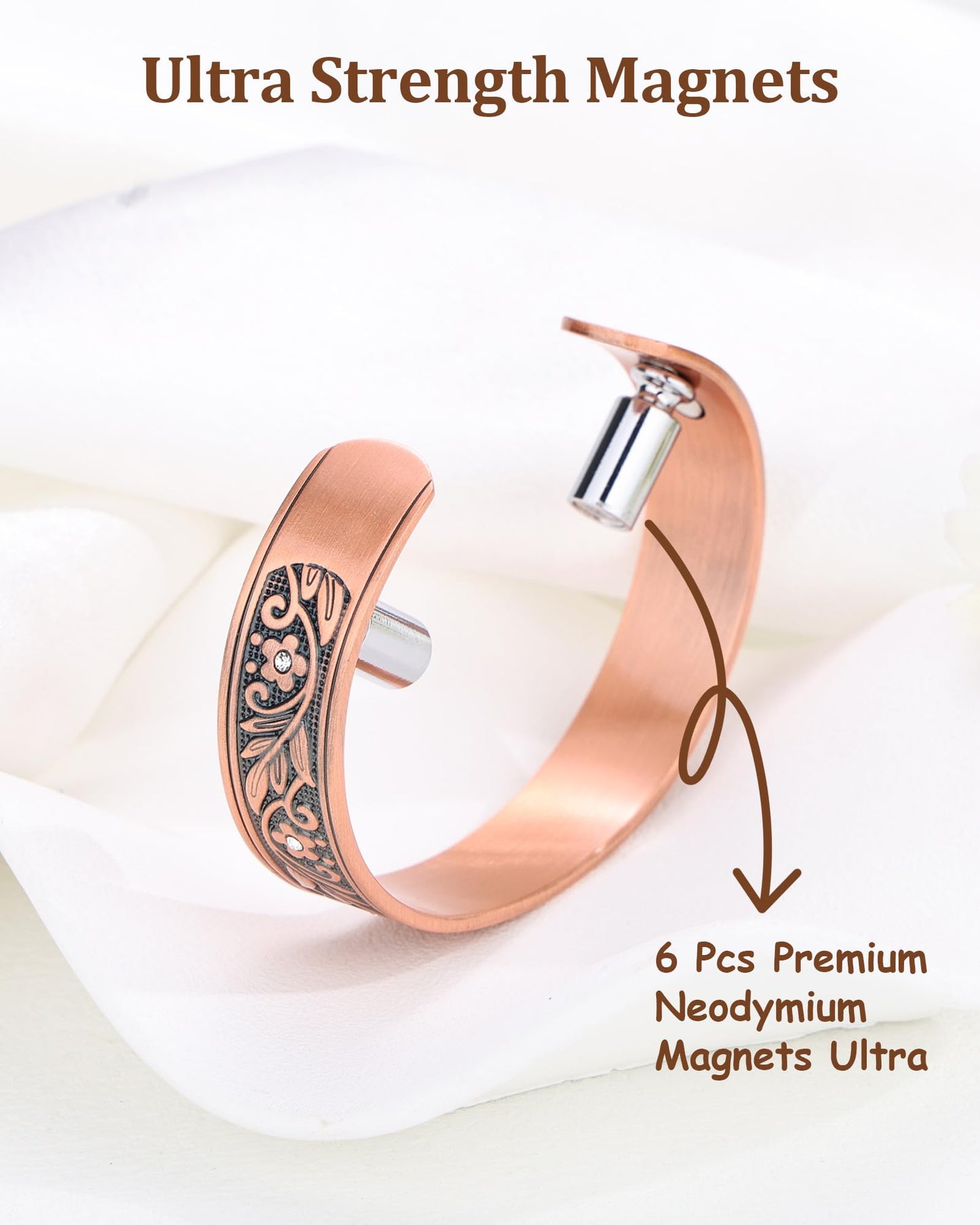 BioMag Magnetic Copper Bracelet for Women Men, 99.99% Pure Copper Cuff Bangle with 6 Pcs 3500 Gauss Magnets, Adjustable Size, Floral Vine Pattern