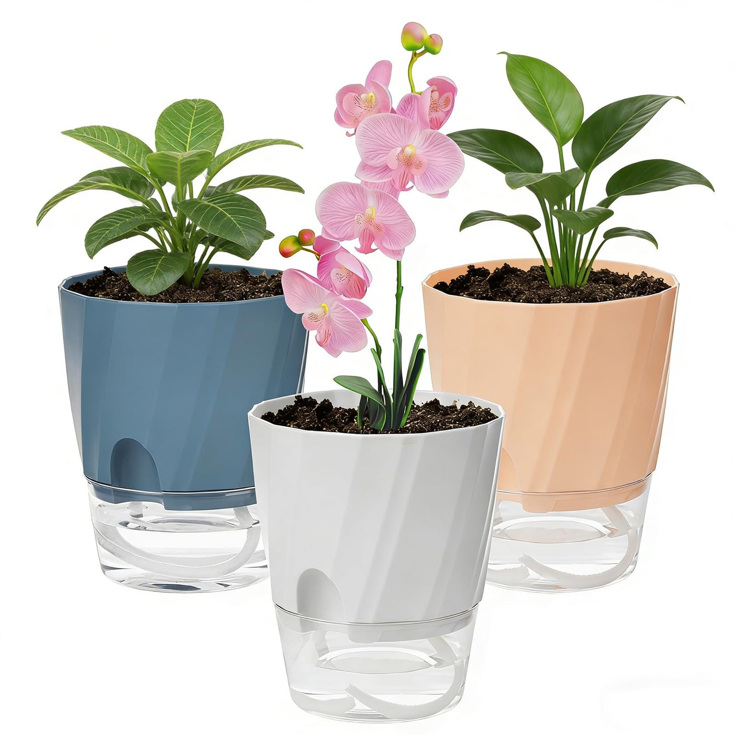KIMCHOMERSE Self Watering Plant Pots 4.7 Inch, 3 Pack Indoor Planters with Drainage Holes & Saucers, Decorative Plastic Flower Pots for House Plants Home Office Decor (White, Pink, Blue)