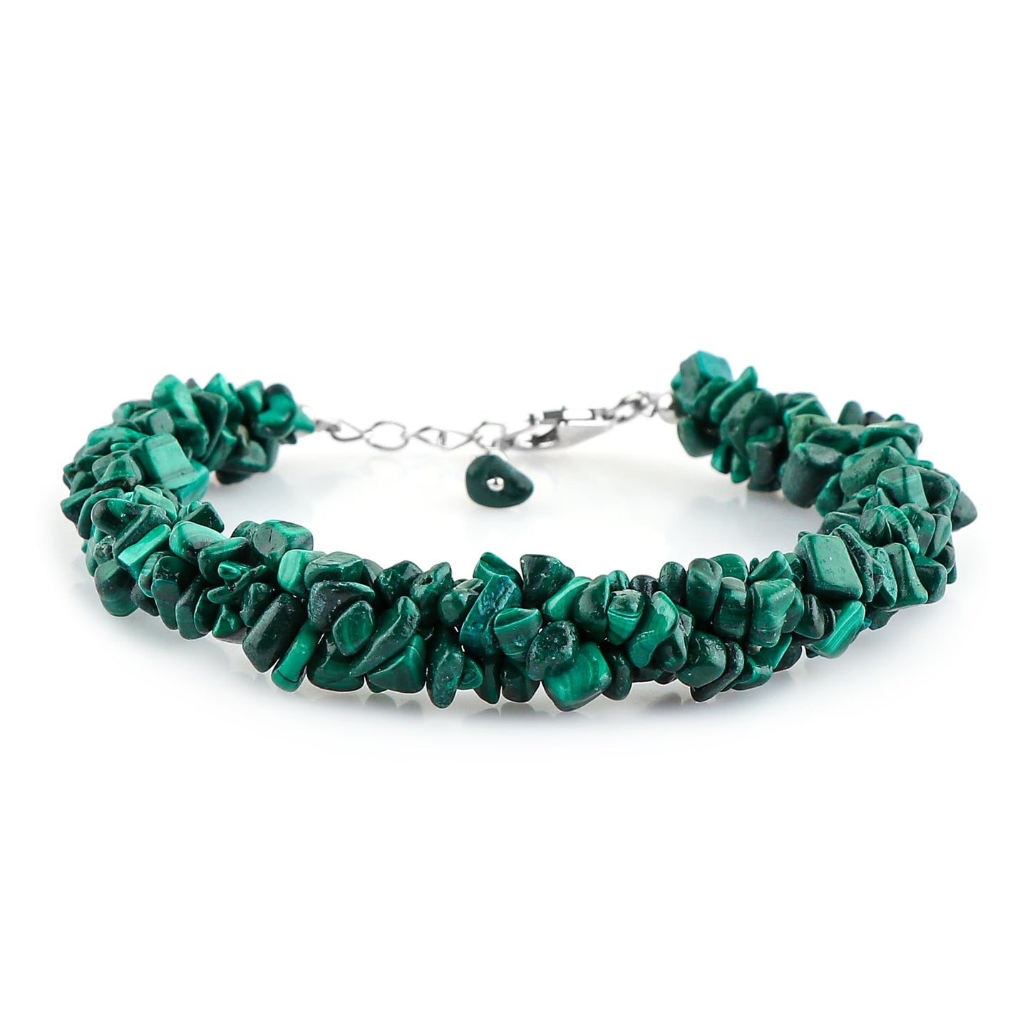 CRYSTALIS Natural Malachite Beads Braided Rope Bracelet, Chips Nuggets Beaded Gemstones, Chakra Healing Stones, Gift Giving Womens Jewelry, 925 Sterling Silver Bracelet 8 inch