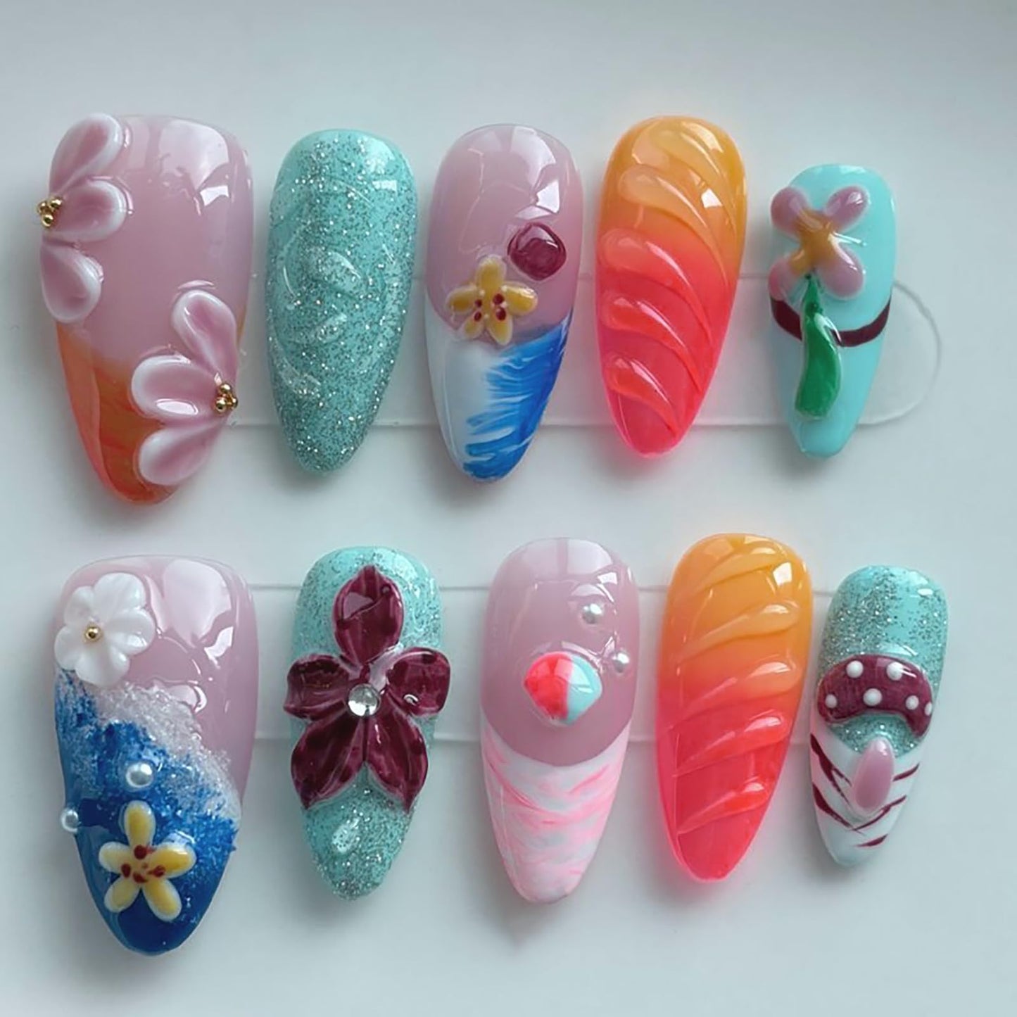 Threelegscat Summer 3D Flower Press on Nails Medium, Pink Orgen Almond Shap Handmade Reusable Fake Nails, For Woman Beach Vacation Party Size M 10 Pcs