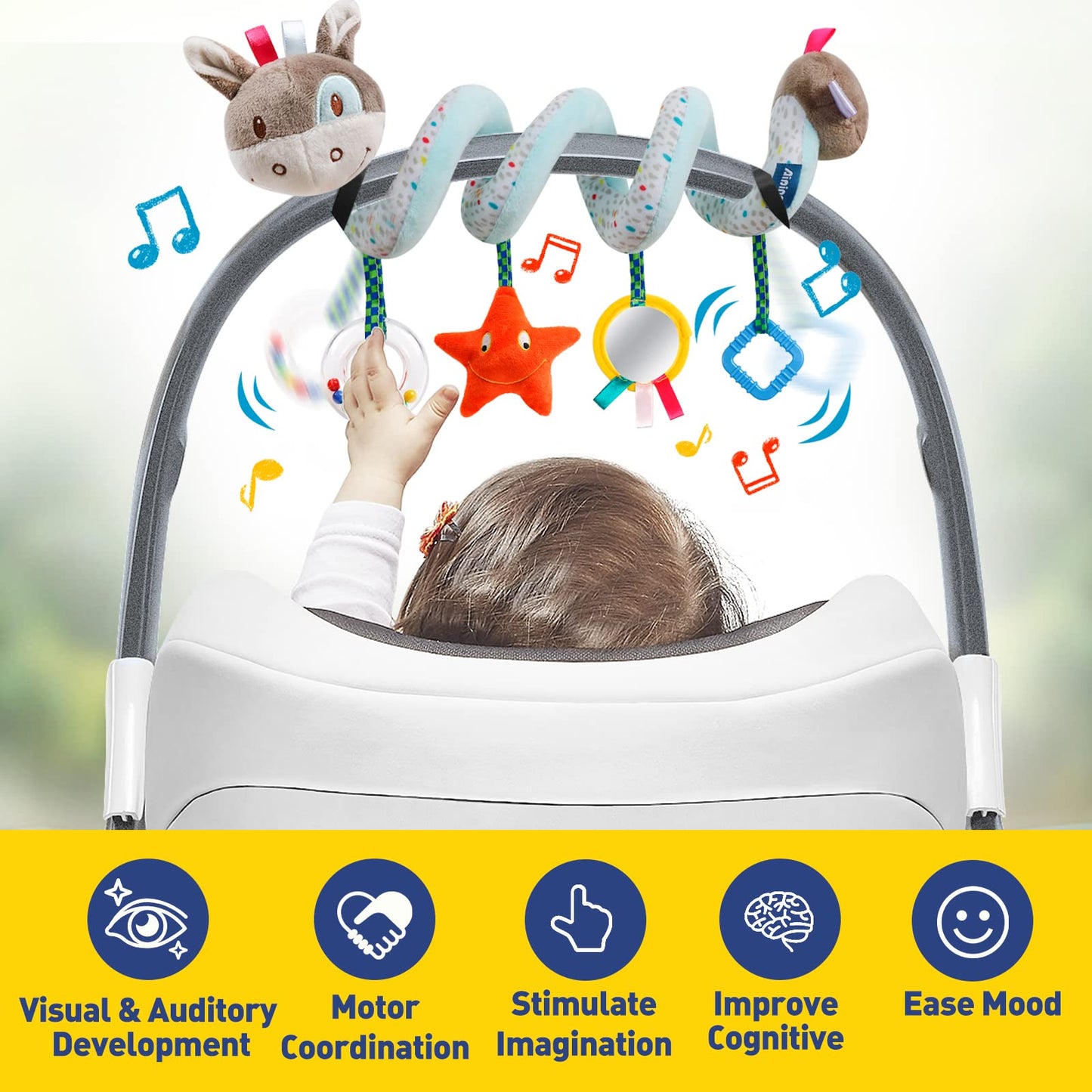 GKDOMS Baby Car Seat Toys Activity Stroller Toy for Boys Girls 0 3 6 9 10 12 Months, Spiral Hanging Plush Toys, Baby Shower Thank You Gifts