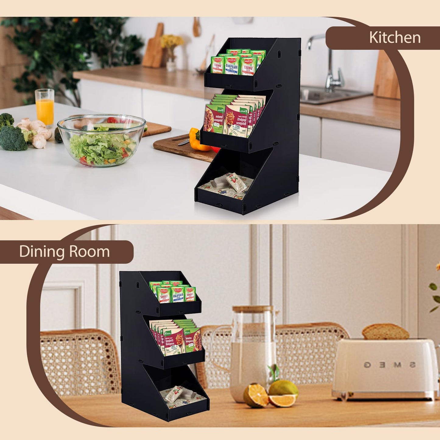 Sauce Packet Organizer, Suitable for Organizing Ketchup Packets, Condiment Packets, and Hot Sauce Pack, 3-Tier Design with Straw Holder, Easy Assembly Space-Saving Kitchen Storage, Made of Acrylic