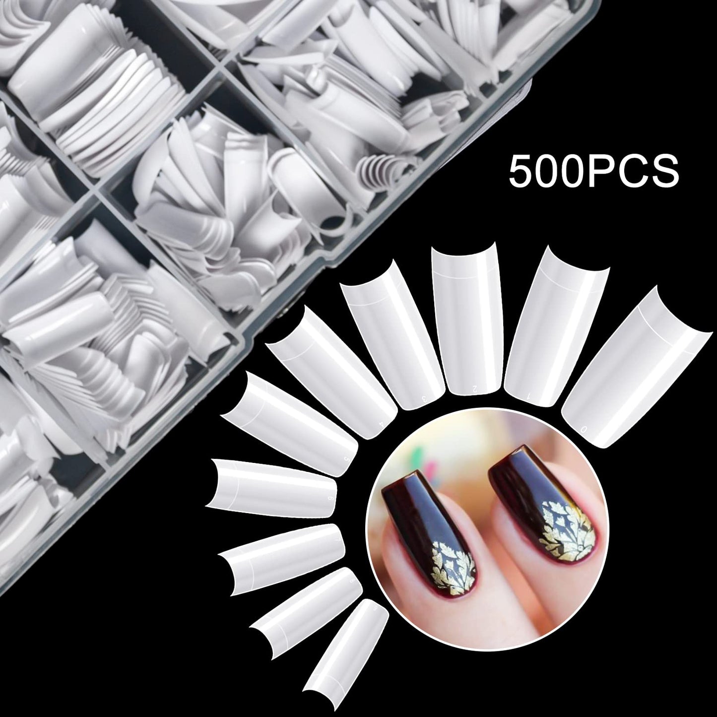 krofaue 500PCS False Nails Tips Lady French Style Acrylic Artificial Tip Manicure Half Cover with Box of 10 Sizes for Nail Tips Art Salons and Home DIY (White+Clear)