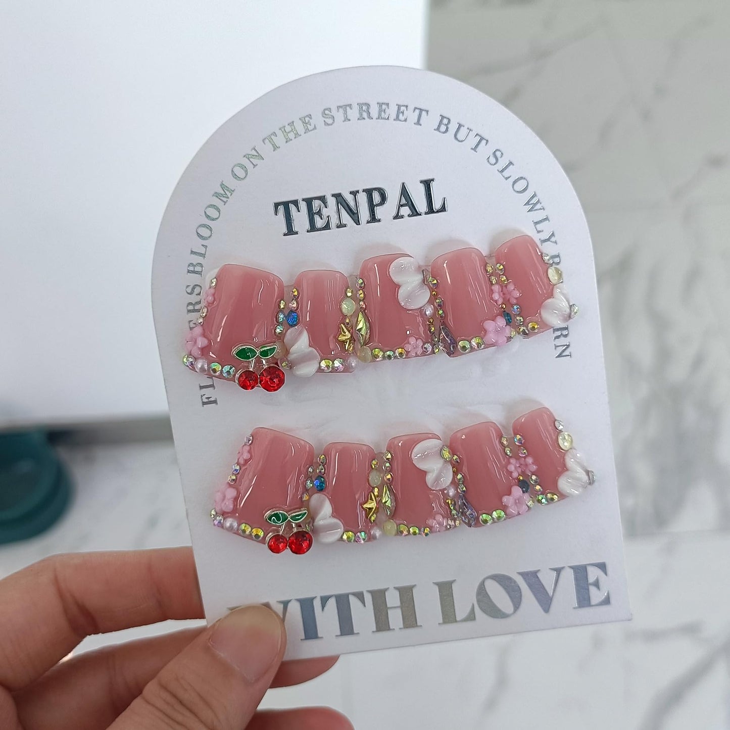 TENPAL Duckbill Shape Press on Nails with Kit,3D Floral Carving Cherry Blush Pink Fake Nails with Tools,Sparkling Icy French Tips False Nails with Rhinestone,Sweet Glazed Artificial Duckbill Nails(S)