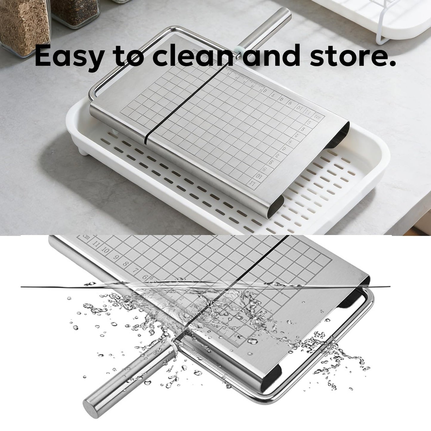 Multipurpose Stainless Steel Cheese Cutter, Bread Slicers with Precision Grid Scale and Anti Slip Base for Block Cheese, Butter, Bread, Sausages, Fruits, Kitchen Gadget Cheese Cutting Board