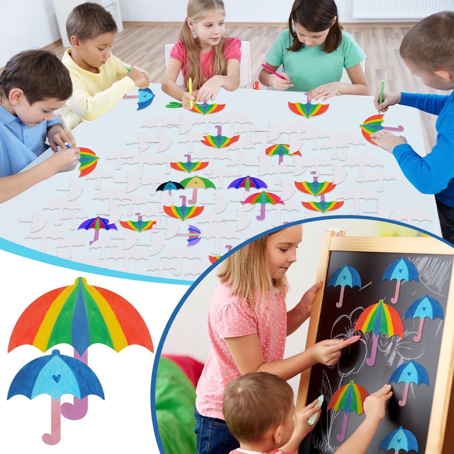 Harloon 100 Pcs Paper Cutout 5.5" 3.5" Classroom Bulletin Board Accents Cut Outs Kids DIY Craft Decoration with 100 Pcs Glue Point for School Home Party(Umbrella)