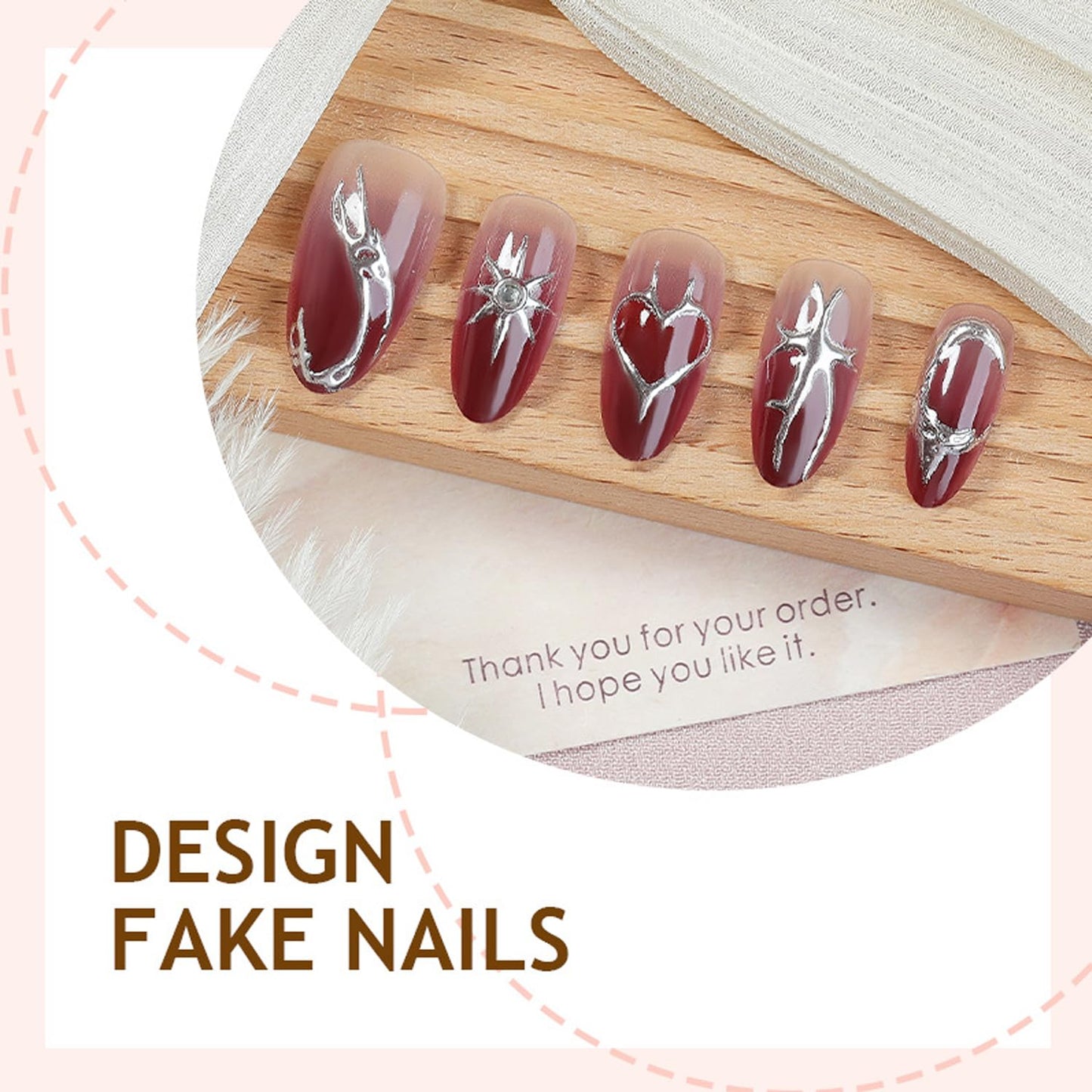 24Pcs Chrome Silver Press on Nails Medium Almond Fake Nails with 3D Rhinestone Design Valentine False Nails Silver Irregular Line Acrylic Nail Red Gradient Full Cover Heart Star Glue on Nail for Women