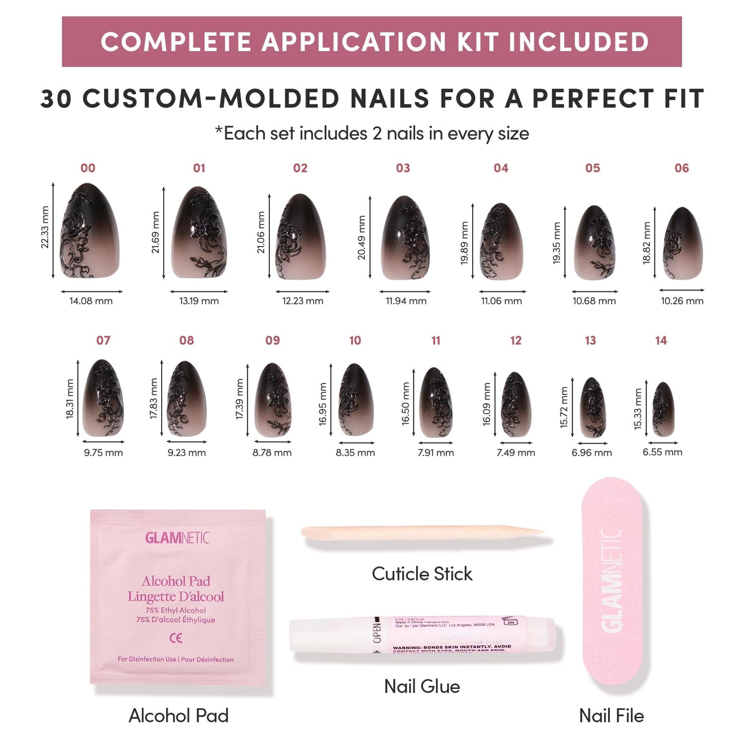 Glamnetic Press-On Nails Bundle - 'Til Death, Angel & Caviar | Ombre 3D Lace Fake Nails | Opaque White Nails | Short Almond Black French Tip False Nails
