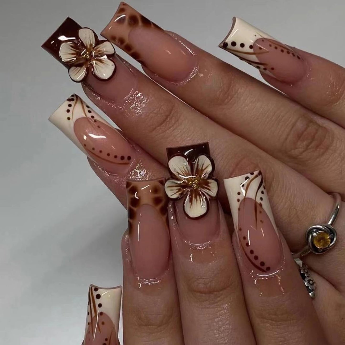 MISUD Press on Nails - Long Square Fake Nails with Fall Brown, Acrylic Autumn Flower Design 24 pcs