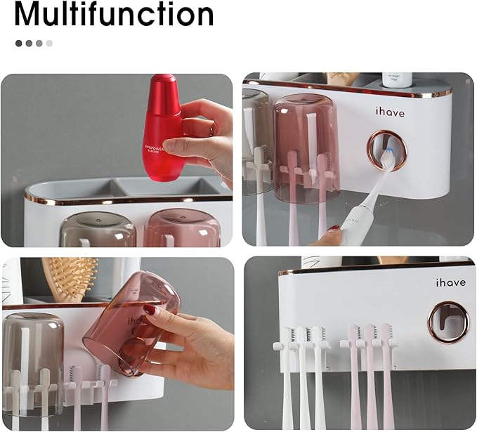 iHave Toothbrush Holders Bathroom Decor with Toothpaste Dispenser, 2 Cups Toothbrush Holder Wall Mounted Bathroom Accessories
