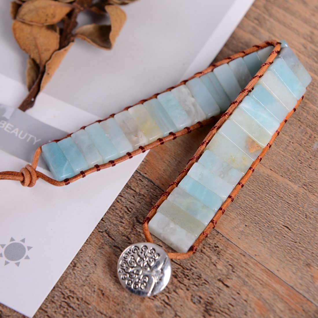 NUZUJX Boho Handmade Natural Stone Amazonite Tube Bead Wrap Wrist Statement Bracelet Jewelry Collection