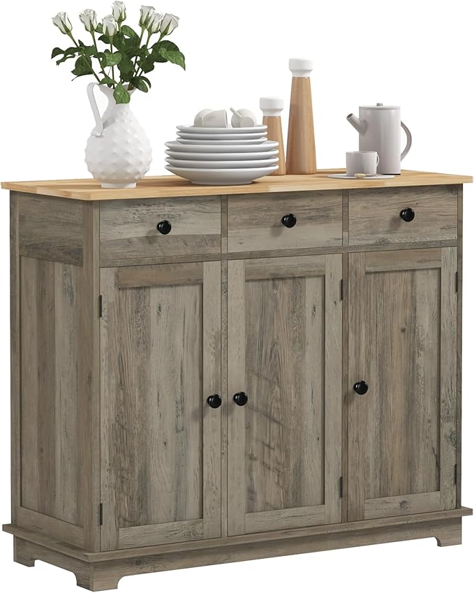 HOMCOM Sideboard with Solid Wood Countertop, Modern Kitchen Storage Cabinet, Coffee Bar Cabinet with 3 Drawers, Doors and Adjustable Shelf, Distressed Gray
