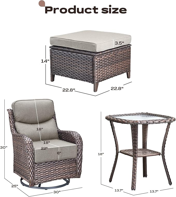 Rilyson Wicker Outdoor Patio Furniture Set - 5 Piece Patio Conversation Sets with Swivel Rocker Chairs, Ottomans and Side Table, 6 inch Cushions, Waterproof Wicker, for Porch Deck Brown/Beige