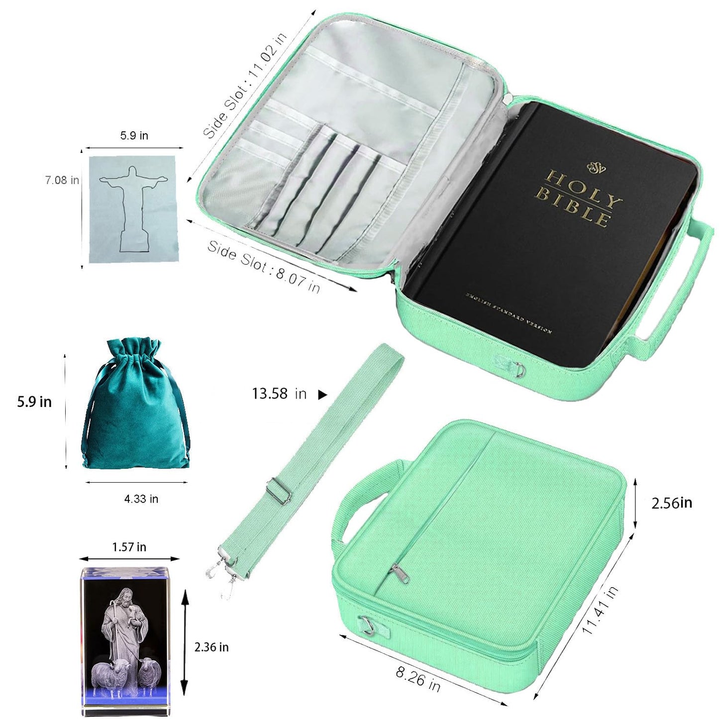 Yidab Bible Cover,Book Protection Handbag Carrying Case Church Bag,Shoulder Strap Zipper Pocket Pen Holder with 3D Engraved Crystal About Religious Classic Scenes