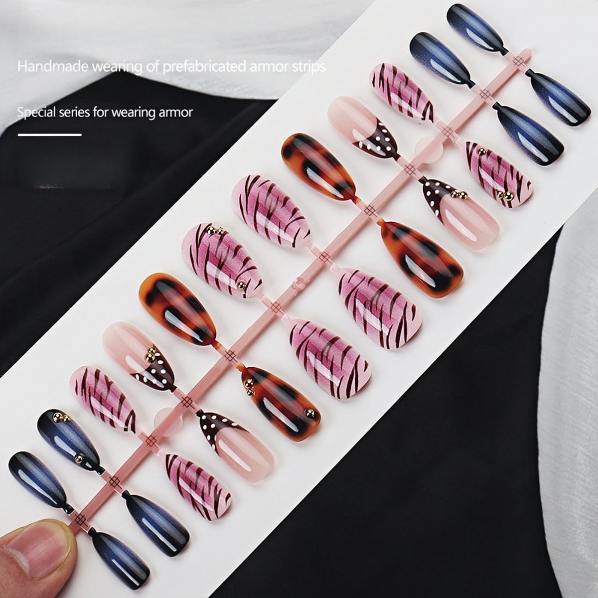 Medium Almond Press on Nails - French Tip Fake Nails with Tortoiseshell | Zebra | Polka Dot Designs False Nails Summer Glue on Nails Reusable Full Cover Stick on Nails for Women Manicure 24Pcs