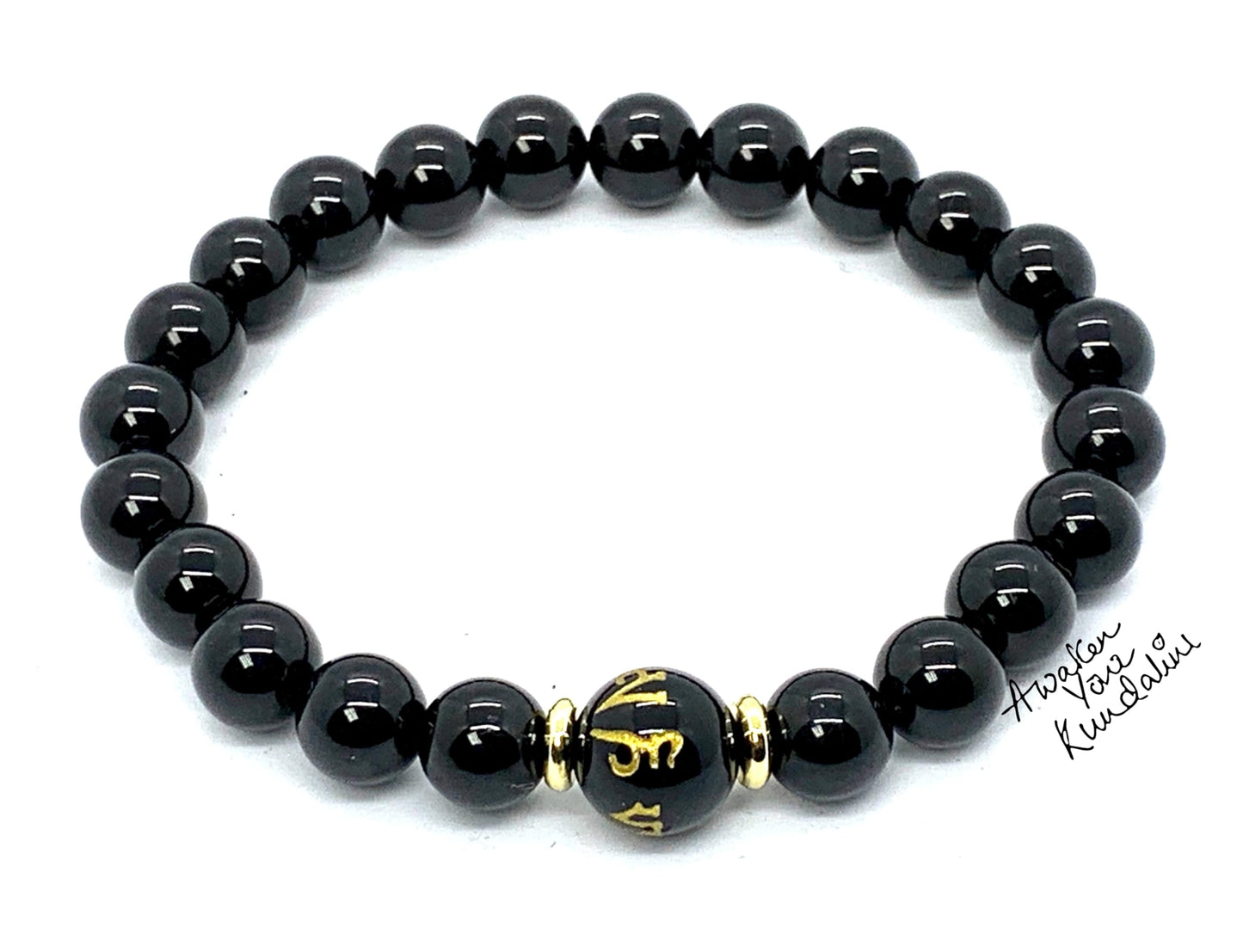 Black Obsidian Buddhist Prayer Beads Stretch Bracelet | Om Mani Padme Hum Mantra | Scorpio Zodiac Birthstone for October November | Root Chakra Association (Wrist Size 9.5 Inches)