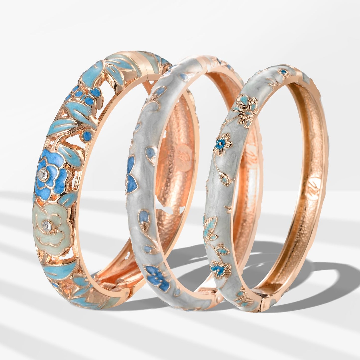 UJOY Fashion Cloisonne Bangle Jewelry Hollowed Rose Handmade Enamel Gifts Cuff Open Bracelet Bangles for Women Gilrs 88A10 3pcs Light Blue