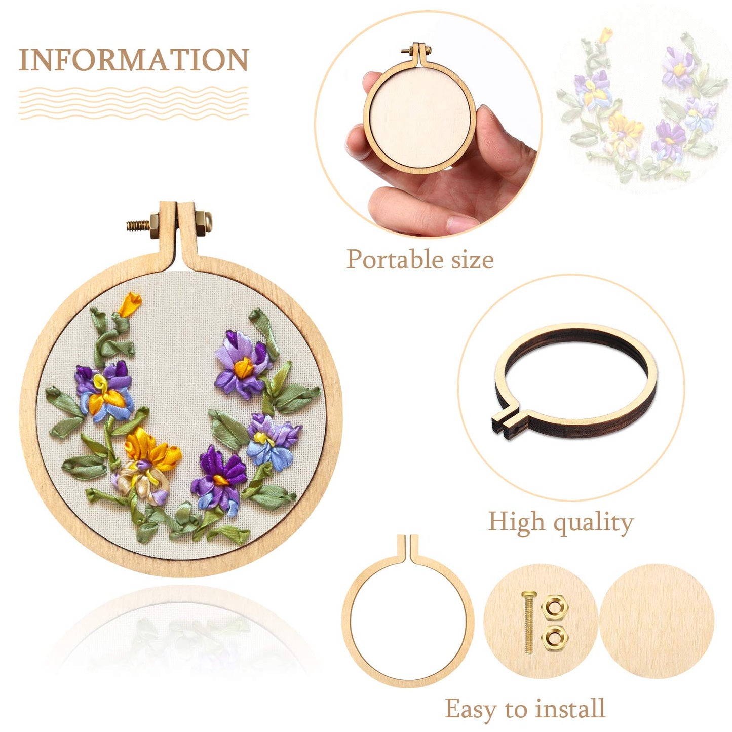 Syhood 16 Sets Mini Embroidery Hoop Wooden Mini Stitch Hoop Ring for DIY Pendant Crafts, Round, Oval Vertical, Oval Horizontal
