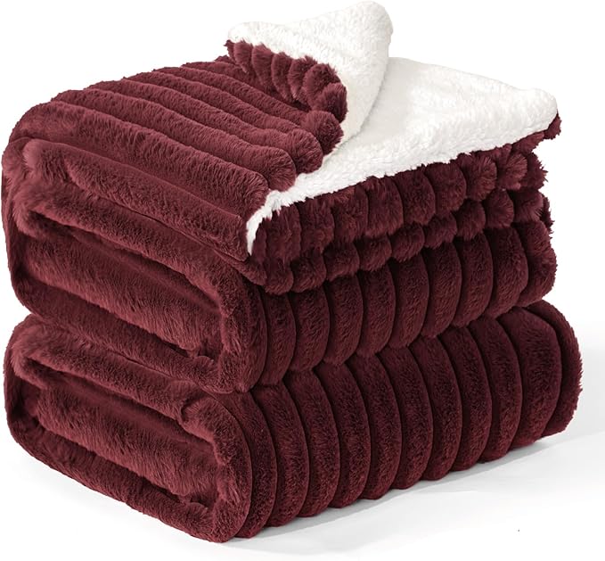 INFIIXSO Sherpa Throw Blanket for Couch - Super Soft & Warm Striped Fleece Blanket, Cozy Plush Fluffy Blanket All Season Use (Burgundy, 50x60 Inches)