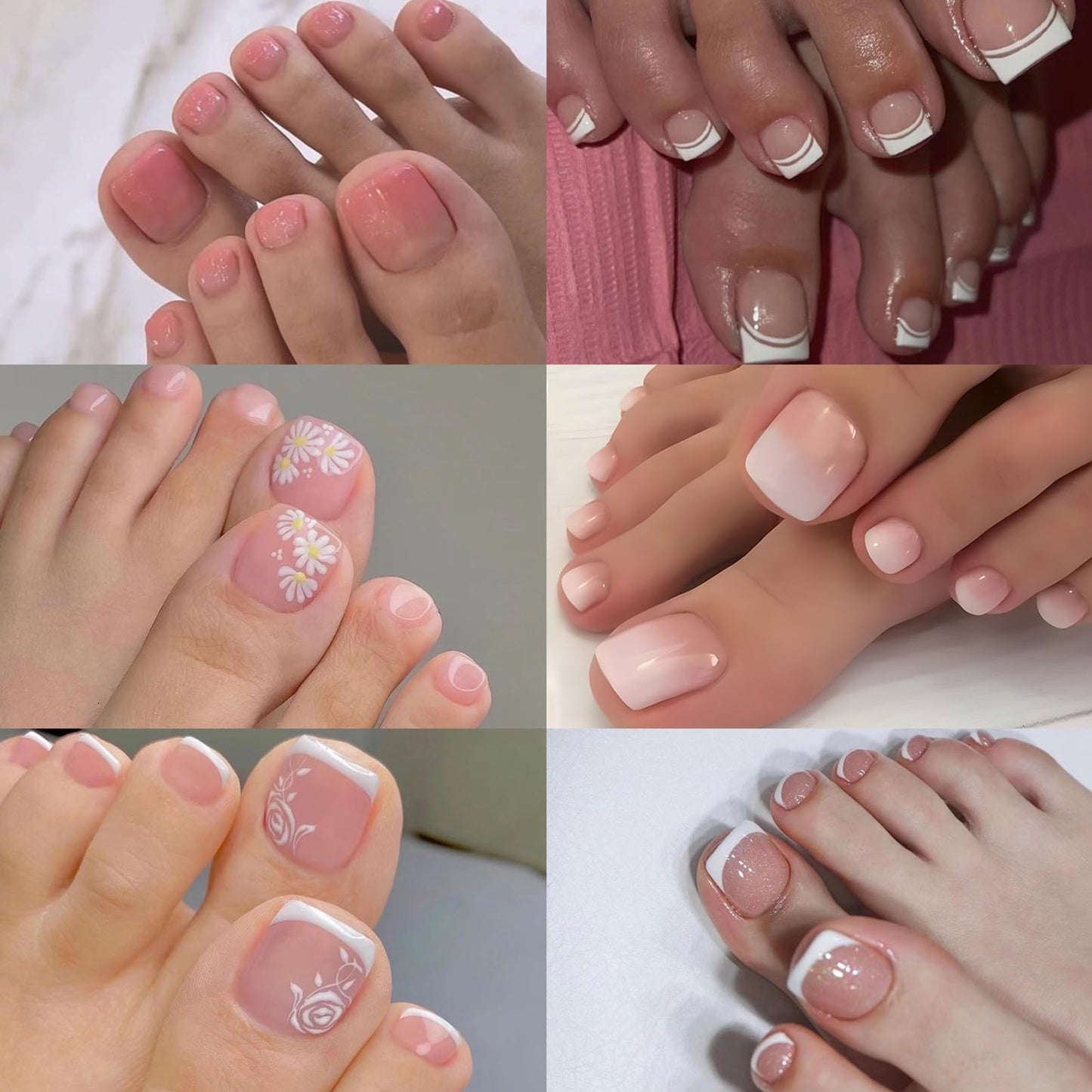 CTTHNBD 6 Packs (144 Pcs) Press on Toenails, French Tip, Pink, Flower, Glue on, Gel, Stick on, 12 Sizes-6 Styles