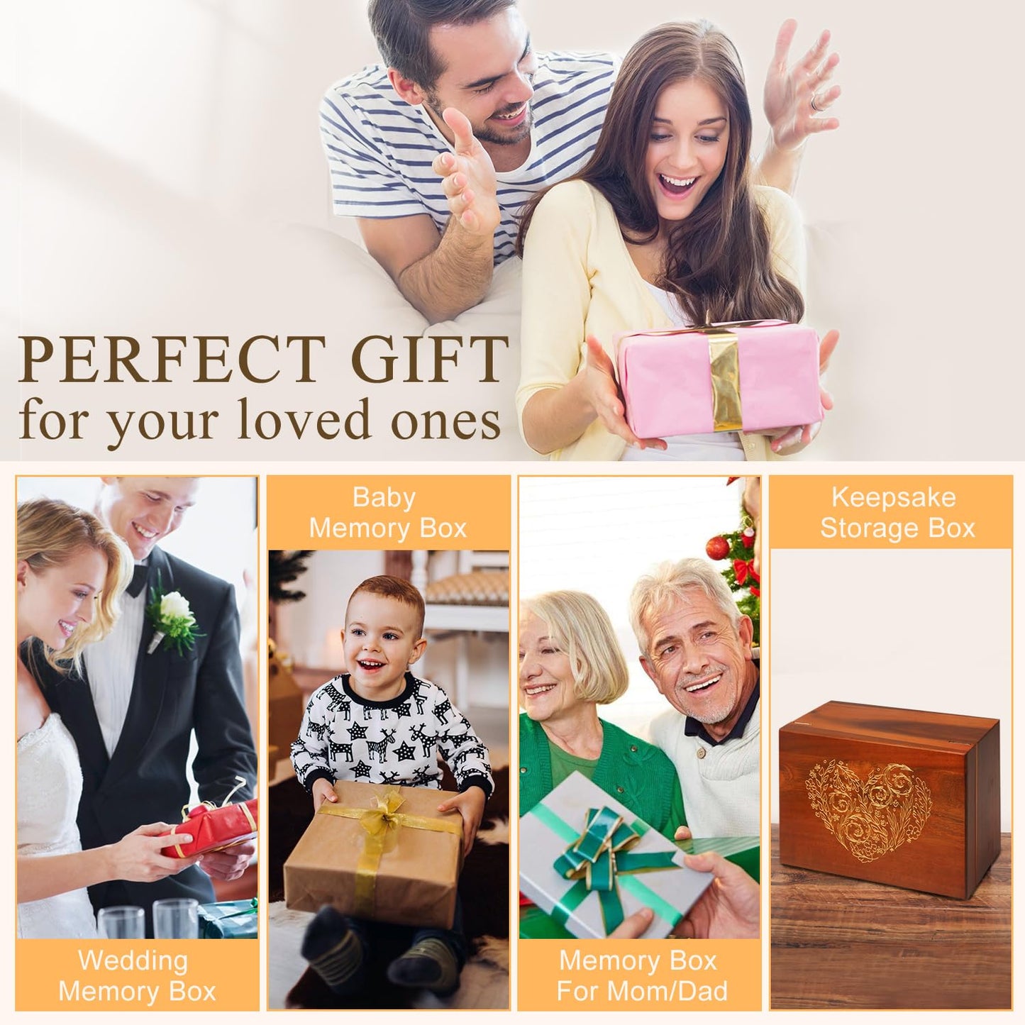 Large Wooden Keepsake Box with Hinged Lid and Photo Frame - Elegant Wedding Memory Box, Ideal for Photos, Letters, Time Capsules, Bride Gift, Decorative Storage，5.5“*8.6”*11.3“
