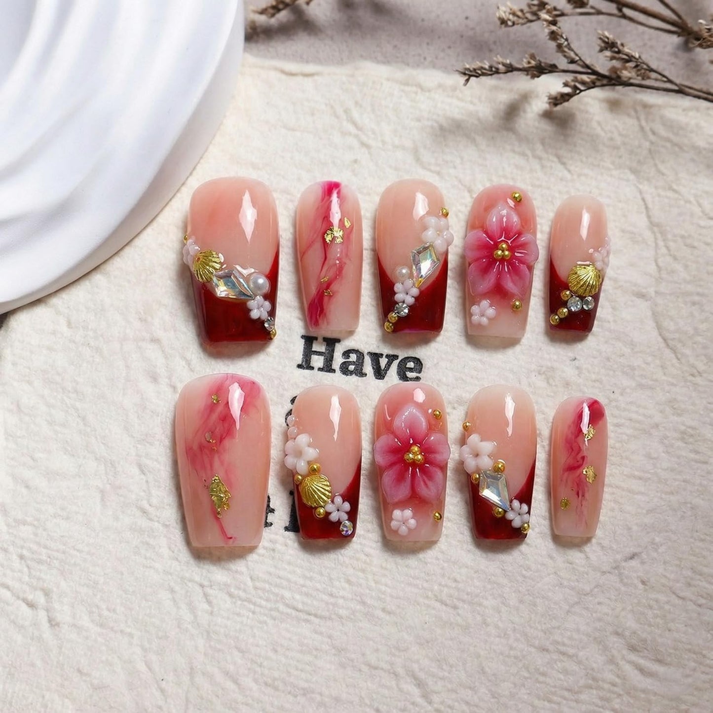 Luxury Press on Nails Medium Square Handmade 3D Unique Flower & Rhinestone Reusable Fake Nails Red French Tip False Nails with Shell Designs Glossy Thick Acrylic Nail for Women (S)