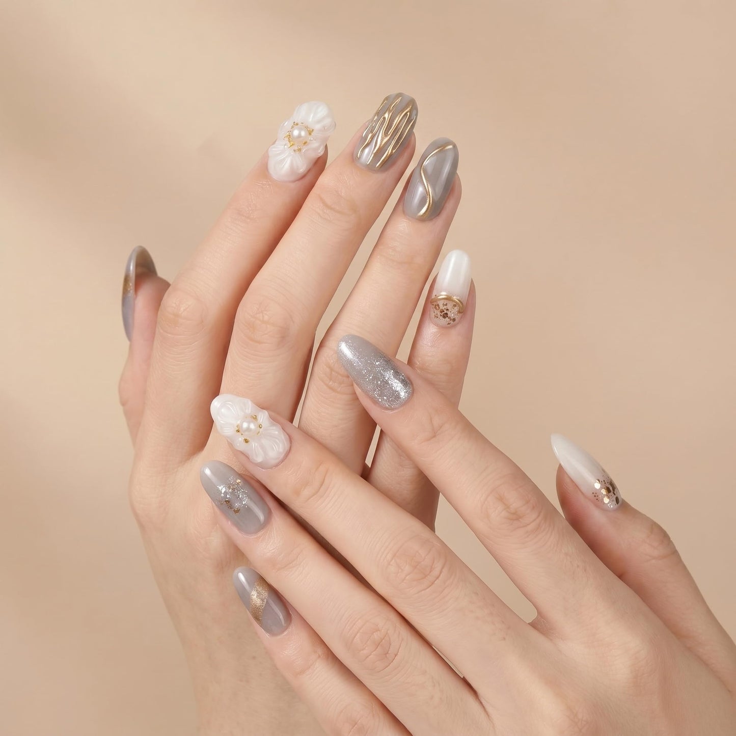 Sun&Beam Nails Handmade Press On Nail Medium Long Coffin Ballerina Grey Golden Flower Pearl Fake Tip 3D Design Art Charms Cute with Storage Box 10 Pcs (S)