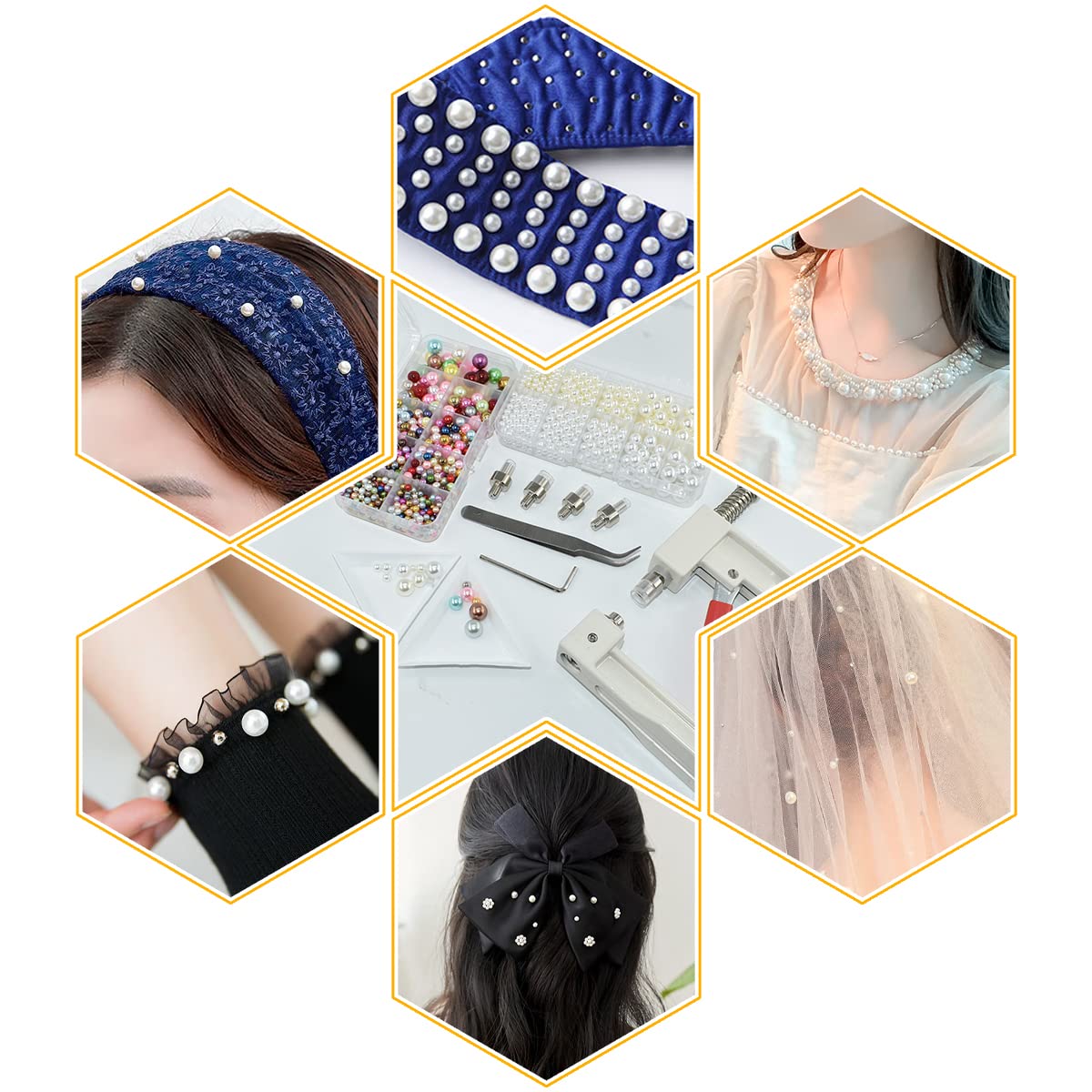 5400pcs Pearl Beads Hand Press Pearl Setting Tool Set, Beads Rivet Fixing Machine, DIY Handmade Pearl Setting Machine with Beads Nails Screw Heads Tweezers Wrench Trays for DIY Crafts Accessories
