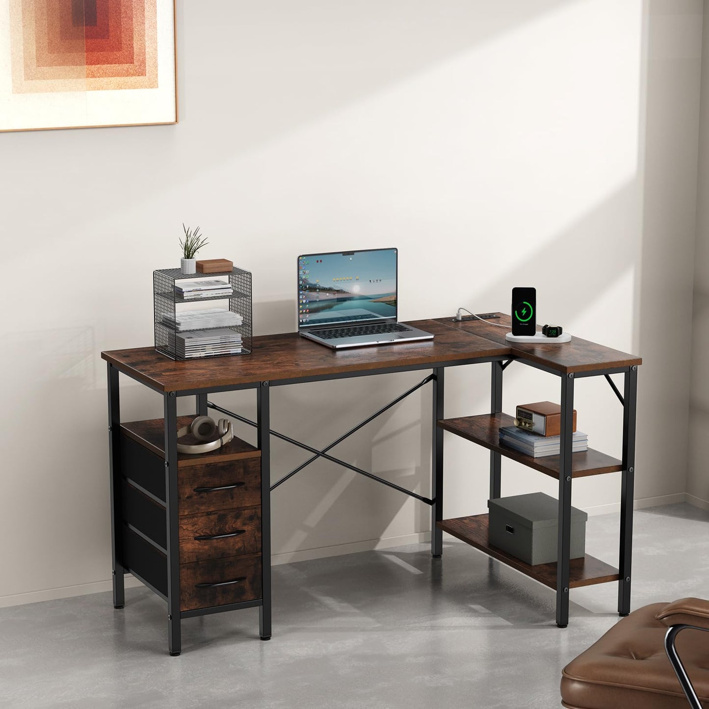 Simple Deluxe L Shaped Gaming Desk with Power Outlets, 47 Inch Computer Desk with 3 Drawers, Shelves, Corner Computer Desk for Gaming, Corner Work, Home Office, Study, Rustic Brown