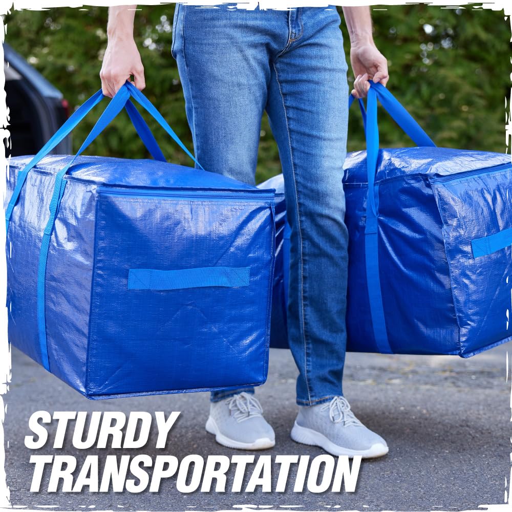 RUGGED RHINO 4 Pack Heavy Duty Extra Large Blue Moving Bags, Durable Bag with Strong Handles and Zipper, Moving Boxes Alternative for College Packing, Holiday Décor, Space Saving Storage with Label