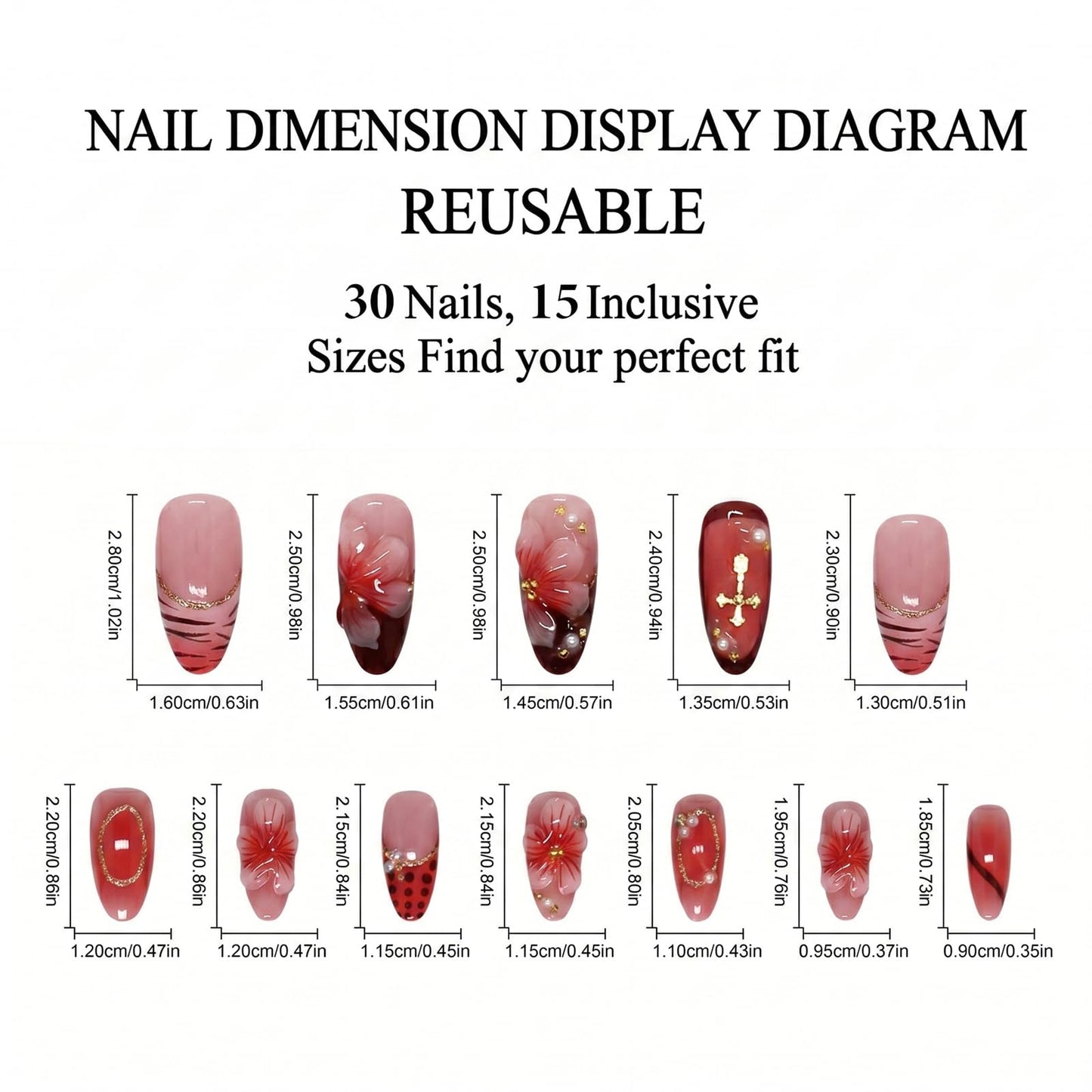 IMRAIN Almond Press on Nails, Medium Fake Nails, Peach Jelly 3D Flower Burgundy French, 30 Pcs Reusable Glue on Nails for Women, Salon Quality