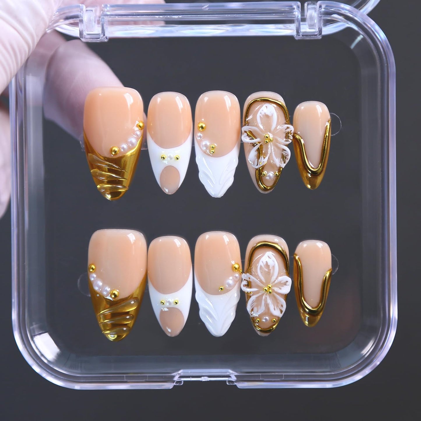 MAGLFELL Press On Nails - Handmade French Almond Fake Nails, French Nails Design, Reusable Artificial Almond False Nails for Women 10 Pcs 3D Acrylic Nails Kit (Size M)