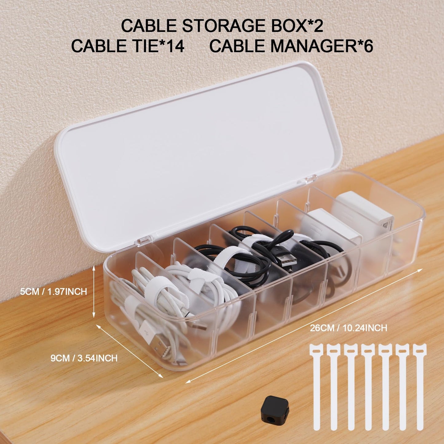 Asonen Cable Organizer Box with 14 Wire Ties and 6 Magnetic Cable Clips, Desktop Cord Management Box with Dividers and Lid for Home Office Storage – White